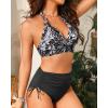 imageWomen High Waisted Bikini Set  Two Piece Swimsuit Tummy Control Bathing Suit Halter Push Up 2025 SwimwearBlack Flower