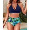 imageWomen High Waisted Bikini Set  Two Piece Swimsuit Tummy Control Bathing Suit Halter Push Up 2025 SwimwearBlue Leaves