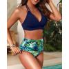 imageWomen High Waisted Bikini Set  Two Piece Swimsuit Tummy Control Bathing Suit Halter Push Up 2025 SwimwearBlue Leaves