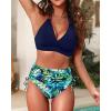 imageWomen High Waisted Bikini Set  Two Piece Swimsuit Tummy Control Bathing Suit Halter Push Up 2025 SwimwearBlue Leaves