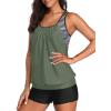 imageYonique Two Piece Tankini Bathing Suits TBack Blouson Swim Tops with Boy Shorts Women Swimsuits Sporty SwimwearArmy Green and Stripes