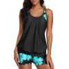imageYonique Two Piece Tankini Bathing Suits TBack Blouson Swim Tops with Boy Shorts Women Swimsuits Sporty SwimwearBlack  Green Floral