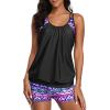 imageYonique Two Piece Tankini Bathing Suits TBack Blouson Swim Tops with Boy Shorts Women Swimsuits Sporty SwimwearBlack Purple Geometric 01
