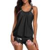 imageYonique Two Piece Tankini Bathing Suits TBack Blouson Swim Tops with Boy Shorts Women Swimsuits Sporty SwimwearBlack and Flowers