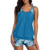 imageYonique Two Piece Tankini Bathing Suits TBack Blouson Swim Tops with Boy Shorts Women Swimsuits Sporty SwimwearBlue Leaves