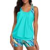 imageYonique Two Piece Tankini Bathing Suits TBack Blouson Swim Tops with Boy Shorts Women Swimsuits Sporty SwimwearGreen Blue Stripe