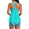 imageYonique Two Piece Tankini Bathing Suits TBack Blouson Swim Tops with Boy Shorts Women Swimsuits Sporty SwimwearGreen Blue Stripe