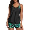 imageYonique Two Piece Tankini Bathing Suits TBack Blouson Swim Tops with Boy Shorts Women Swimsuits Sporty SwimwearGreen Leaves on Black