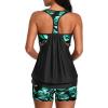 imageYonique Two Piece Tankini Bathing Suits TBack Blouson Swim Tops with Boy Shorts Women Swimsuits Sporty SwimwearGreen Leaves on Black