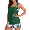 imageYonique Two Piece Tankini Bathing Suits TBack Blouson Swim Tops with Boy Shorts Women Swimsuits Sporty SwimwearGreen and Flowers