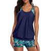 imageYonique Two Piece Tankini Bathing Suits TBack Blouson Swim Tops with Boy Shorts Women Swimsuits Sporty SwimwearNavy Blue Leaf