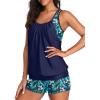 imageYonique Two Piece Tankini Bathing Suits TBack Blouson Swim Tops with Boy Shorts Women Swimsuits Sporty SwimwearNavy Blue Leaf