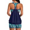 imageYonique Two Piece Tankini Bathing Suits TBack Blouson Swim Tops with Boy Shorts Women Swimsuits Sporty SwimwearNavy Blue Leaf