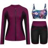 imageWomen 3 Piece Rash Guard  Long Sleeve Swimsuit Built in Bra Swim Shirt Zip Bathing Suit with Pocket ShortsPurple Leaf