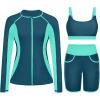 imageWomen 3 Piece Rash Guard  Long Sleeve Swimsuit Built in Bra Swim Shirt Zip Bathing Suit with Pocket ShortsTeal and Green