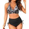 imageWomen High Waisted Bikini Set  Two Piece Swimsuit Tummy Control Bathing Suit Halter Push Up 2025 SwimwearBlack Flower