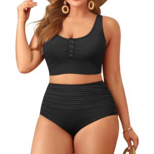 imagePlus Size 2 Piece Swimsuit  Womens High Waisted Bikini Tummy Control Bathing Suit Ribbed 2025 SwimwearBlack