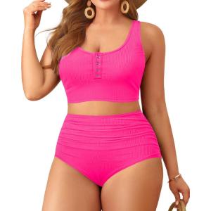 imagePlus Size 2 Piece Swimsuit  Womens High Waisted Bikini Tummy Control Bathing Suit Ribbed 2025 SwimwearHot Pink