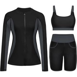 imageWomen 3 Piece Rash Guard  Long Sleeve Swimsuit Built in Bra Swim Shirt Zip Bathing Suit with Pocket ShortsBlack and Gray