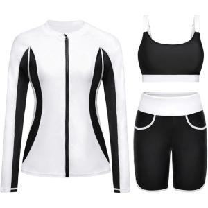 imageWomen 3 Piece Rash Guard  Long Sleeve Swimsuit Built in Bra Swim Shirt Zip Bathing Suit with Pocket ShortsBlack and White