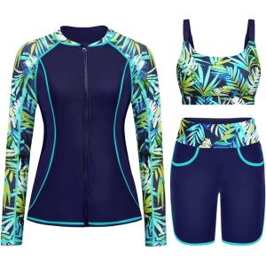 imageWomen 3 Piece Rash Guard  Long Sleeve Swimsuit Built in Bra Swim Shirt Zip Bathing Suit with Pocket ShortsBlue Leaves