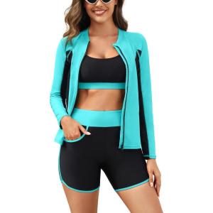 imageWomen 3 Piece Rash Guard  Long Sleeve Swimsuit Built in Bra Swim Shirt Zip Bathing Suit with Pocket ShortsBlue and Black