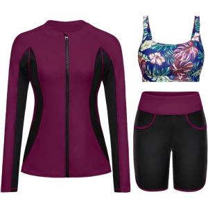 imageWomen 3 Piece Rash Guard  Long Sleeve Swimsuit Built in Bra Swim Shirt Zip Bathing Suit with Pocket ShortsPurple Leaf