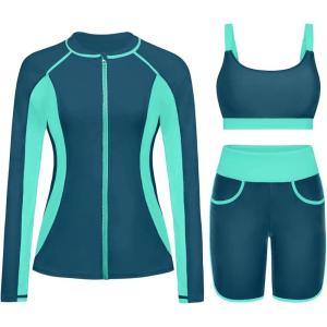 imageWomen 3 Piece Rash Guard  Long Sleeve Swimsuit Built in Bra Swim Shirt Zip Bathing Suit with Pocket ShortsTeal and Green