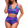 imageHigh Waisted Two Piece SwimsuitWomens Bikini Set Tummy Control Bathing Suit Modest Full Coverage Bikini 2025Blue Leaves