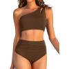 imageWomen High Waisted Bikini  One Shoulder Bathing Suit Tummy Control Two Piece Swimsuit 2025Brown