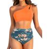 imageWomen High Waisted Bikini  One Shoulder Bathing Suit Tummy Control Two Piece Swimsuit 2025Orange Flowers