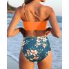imageWomen High Waisted Bikini  One Shoulder Bathing Suit Tummy Control Two Piece Swimsuit 2025Orange Flowers