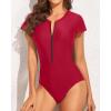 imageYonique Womens Short Sleeve Rash Guard One Piece Swimsuit Zip Up Bathing Suit Surfing Swimwear UPF 50 Red XXL