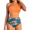imageWomen High Waisted Bikini  One Shoulder Bathing Suit Tummy Control Two Piece Swimsuit 2025Orange Flowers