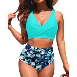 imageHigh Waisted Two Piece SwimsuitWomens Bikini Set Tummy Control Bathing Suit Modest Full Coverage Bikini 2025Mint Green Floral