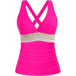 imageTankini Tops for Women Tummy Control Swim Top Only Color Block V Neck Bathing Suit Top No Bottom 2025Hot Pink
