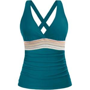 imageTankini Tops for Women Tummy Control Swim Top Only Color Block V Neck Bathing Suit Top No Bottom 2025Teal