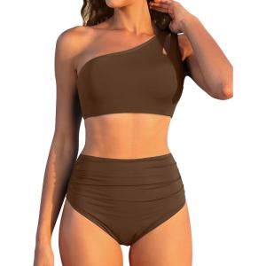 imageWomen High Waisted Bikini  One Shoulder Bathing Suit Tummy Control Two Piece Swimsuit 2025Brown