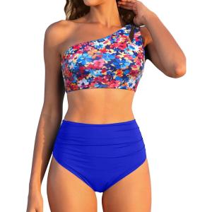 imageWomen High Waisted Bikini  One Shoulder Bathing Suit Tummy Control Two Piece Swimsuit 2025Colorful Floral