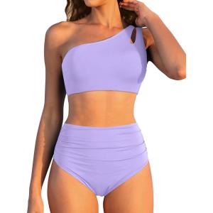 imageWomen High Waisted Bikini  One Shoulder Bathing Suit Tummy Control Two Piece Swimsuit 2025Lavender