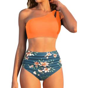 imageWomen High Waisted Bikini  One Shoulder Bathing Suit Tummy Control Two Piece Swimsuit 2025Orange Flowers