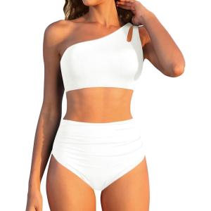 imageWomen High Waisted Bikini  One Shoulder Bathing Suit Tummy Control Two Piece Swimsuit 2025White