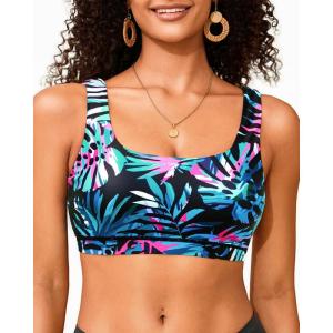 imageWomen Sport Bra Swimsuit Top  Swim Bra Bikini Top Only Scoop Neck Bathing Suit 2025 SwimwearBlue Leaves