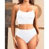 imageYonique Ribbed Bikini High Waisted Bikini Crop Top Swimsuit for Women Two Piece Bathing SuitWhite