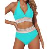 imageYonique Women Tummy Control Bikini Two Piece High Waisted Swimsuit Push Up Bathing Suit Halter Bikini TopTurquoise