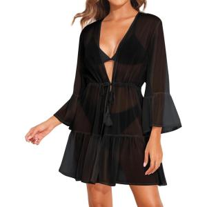 imageYonique Kimono Swimsuit Cover Ups for Women Ruffles Beach Cover Long Sleeve CoverupsBlack