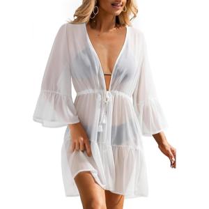 imageYonique Kimono Swimsuit Cover Ups for Women Ruffles Beach Cover Long Sleeve CoverupsWhite