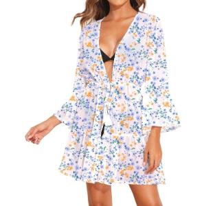 imageYonique Kimono Swimsuit Cover Ups for Women Ruffles Beach Cover Long Sleeve CoverupsWhite Flower