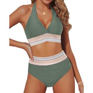 imageYonique Women Tummy Control Bikini Two Piece High Waisted Swimsuit Push Up Bathing Suit Halter Bikini TopArmy Green