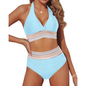 imageYonique Women Tummy Control Bikini Two Piece High Waisted Swimsuit Push Up Bathing Suit Halter Bikini TopBlue